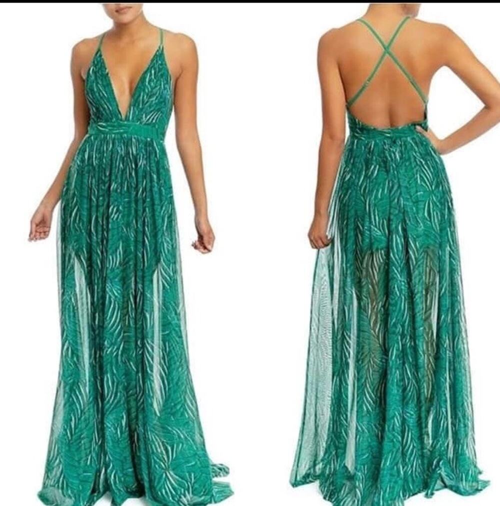 Luxxel tropical leaf-patterned green plissé maxi dress plunging V-neckline Sz M